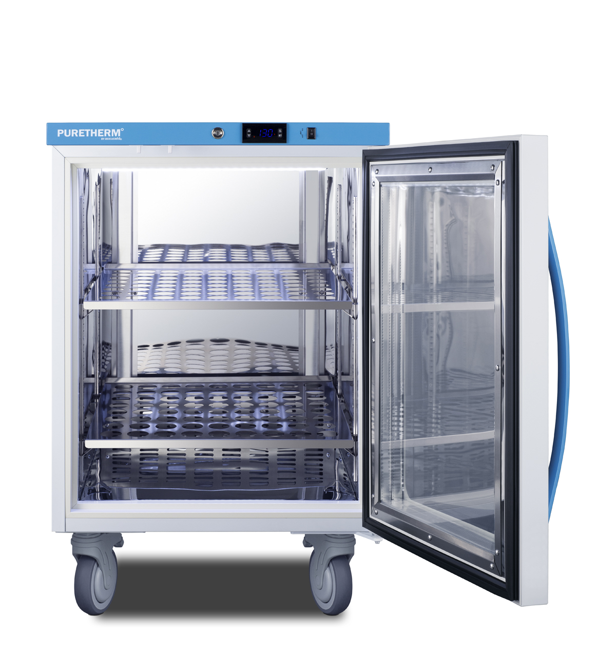 Performance Series hospital blanket warmer with a self-closing glass door, stainless steel interior, digital thermostat, casters, and lock